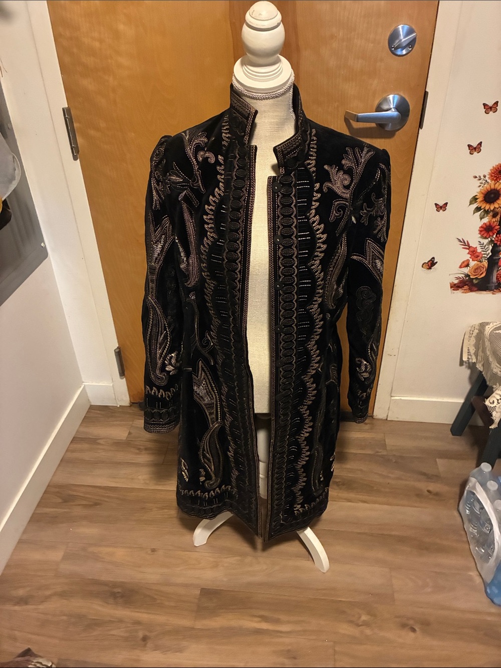 Peter Nygard Black Velvet Embroidered Long Trench Coat